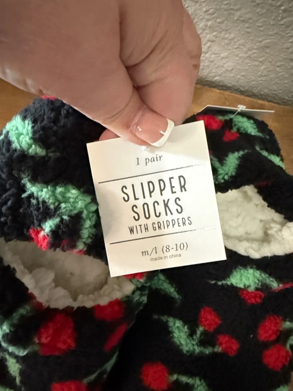 Cozy Black Fuzzy Slippers with Red Cherry Print 2 pairs size 8-10